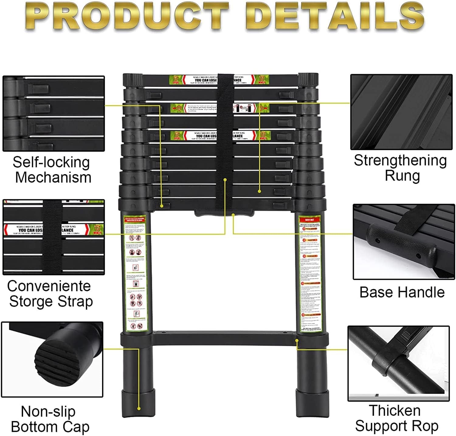 Telescopic Ladder, 6.5FT  Aluminum Telescoping Ladder with Non-Slip Feet, Portable Extension Ladder for Household and Outdoor Working, 330Lb Capacity