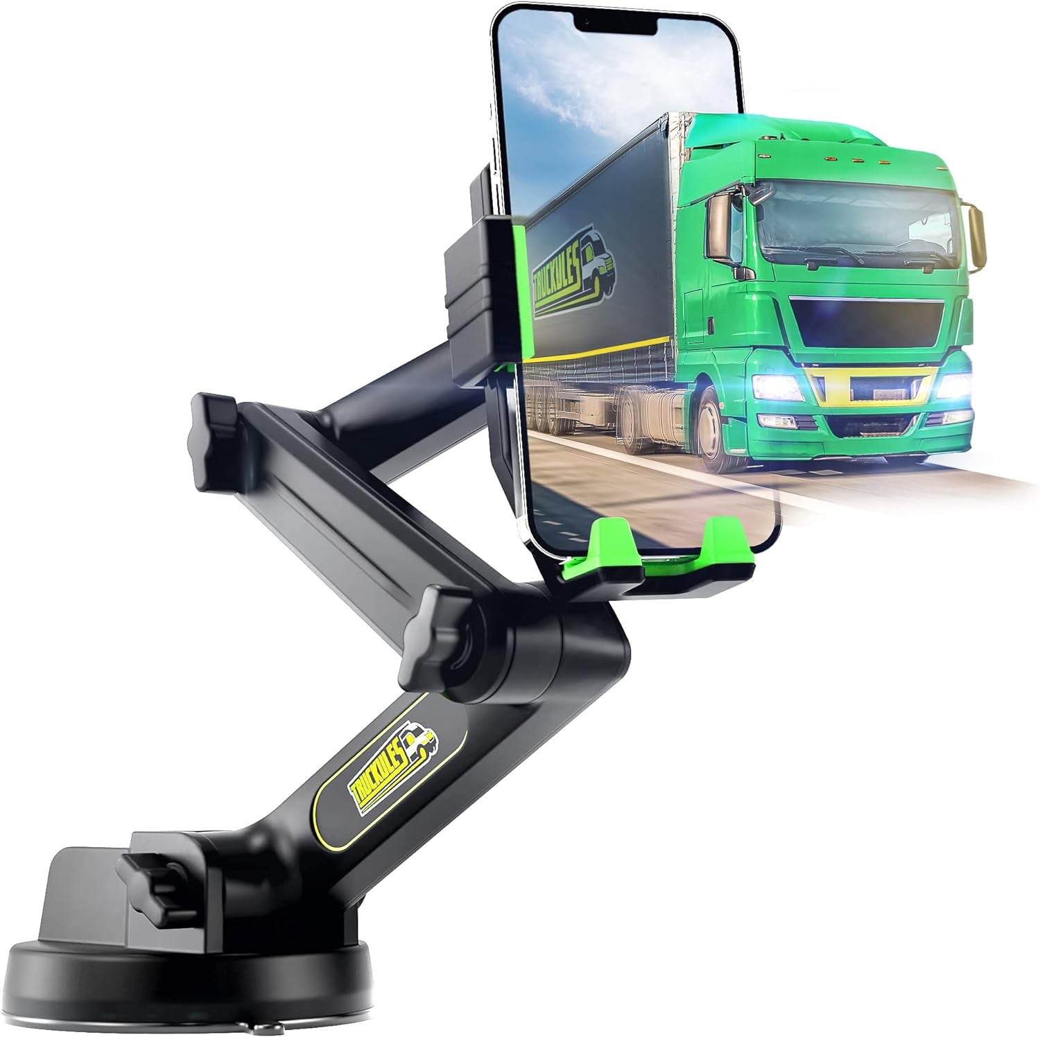 Truck Phone Holder Mount Heavy Duty Cell Phone Holder for Truck Dashboard Windshield 16.9 Inch Long Arm, Super Suction Cup & Stable, Compatible with Iphone & Samsung, Green, Commercial Truck