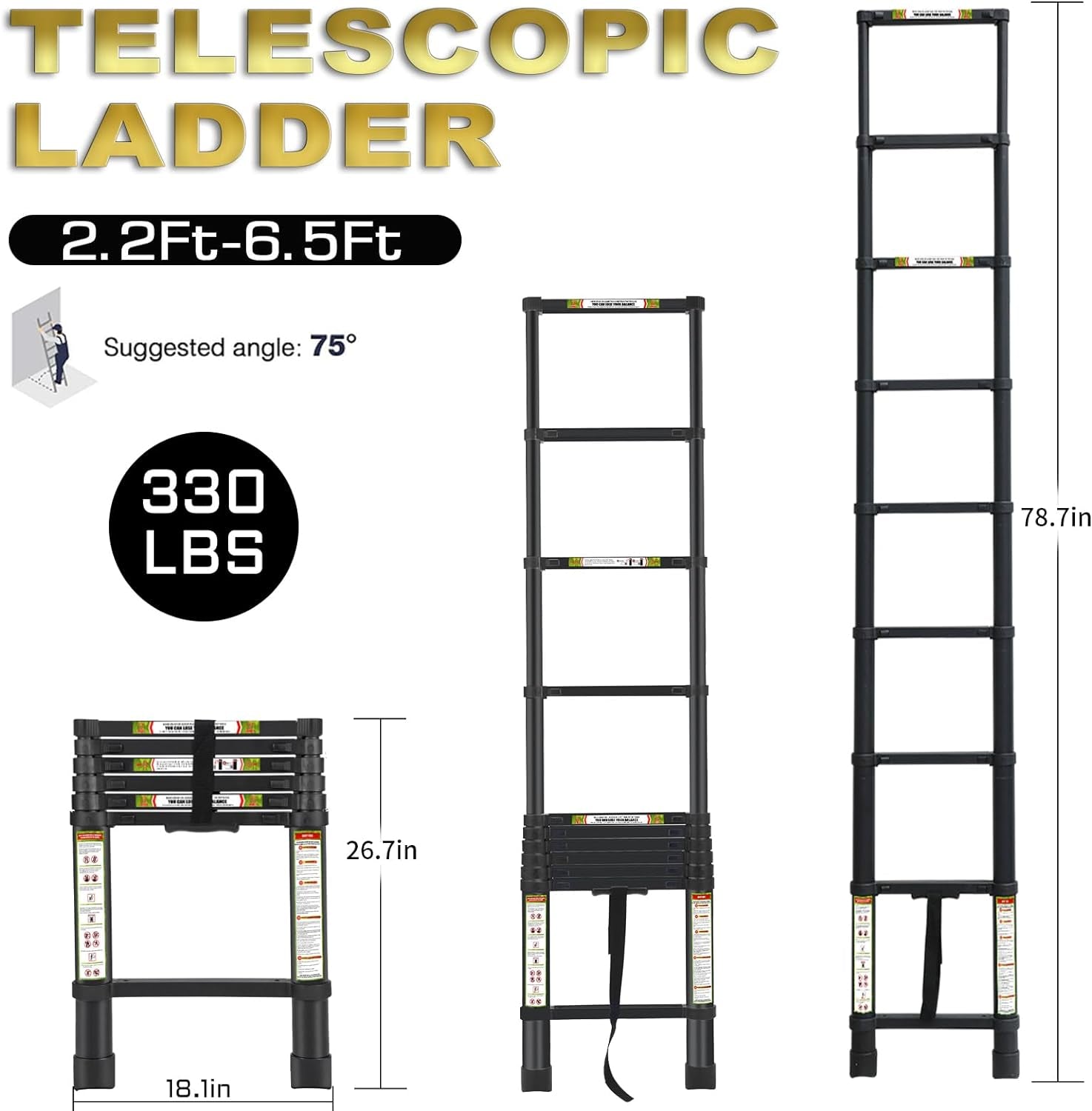 Telescopic Ladder, 6.5FT  Aluminum Telescoping Ladder with Non-Slip Feet, Portable Extension Ladder for Household and Outdoor Working, 330Lb Capacity