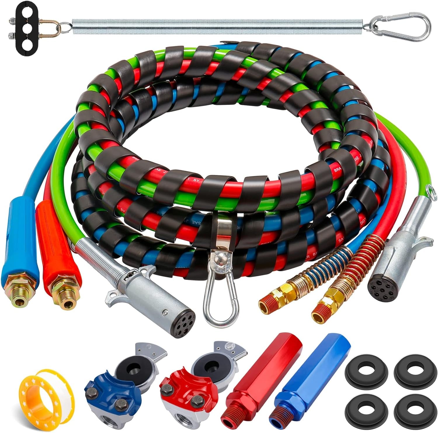 15Ft 3 in 1 ABS & Power Air Line Hose Wrap with Glad Hands Tender Spring Kit and Gladhand Extension Handles 7-Way Electrical Cable Air Lines for Tractor Trailer Semi Truck