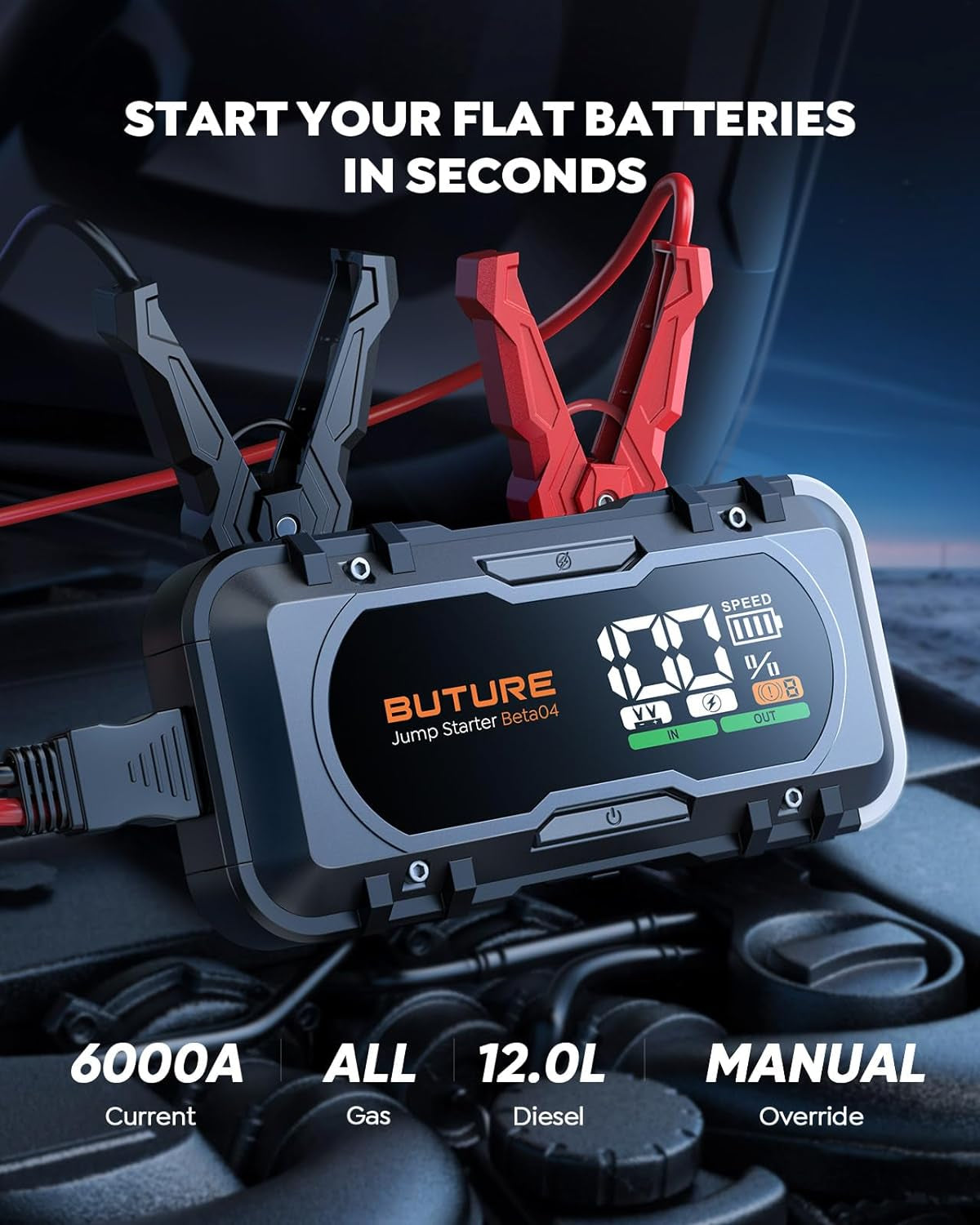 Car Battery Jump Starter 6000A Jump Box 65W Fast Charging (All Gas/12.0L Diesel), Portable Car Jump Starter Battery Pack, Battery Jumper Starter with Extended Jumper Cables, 600 Lumens Light