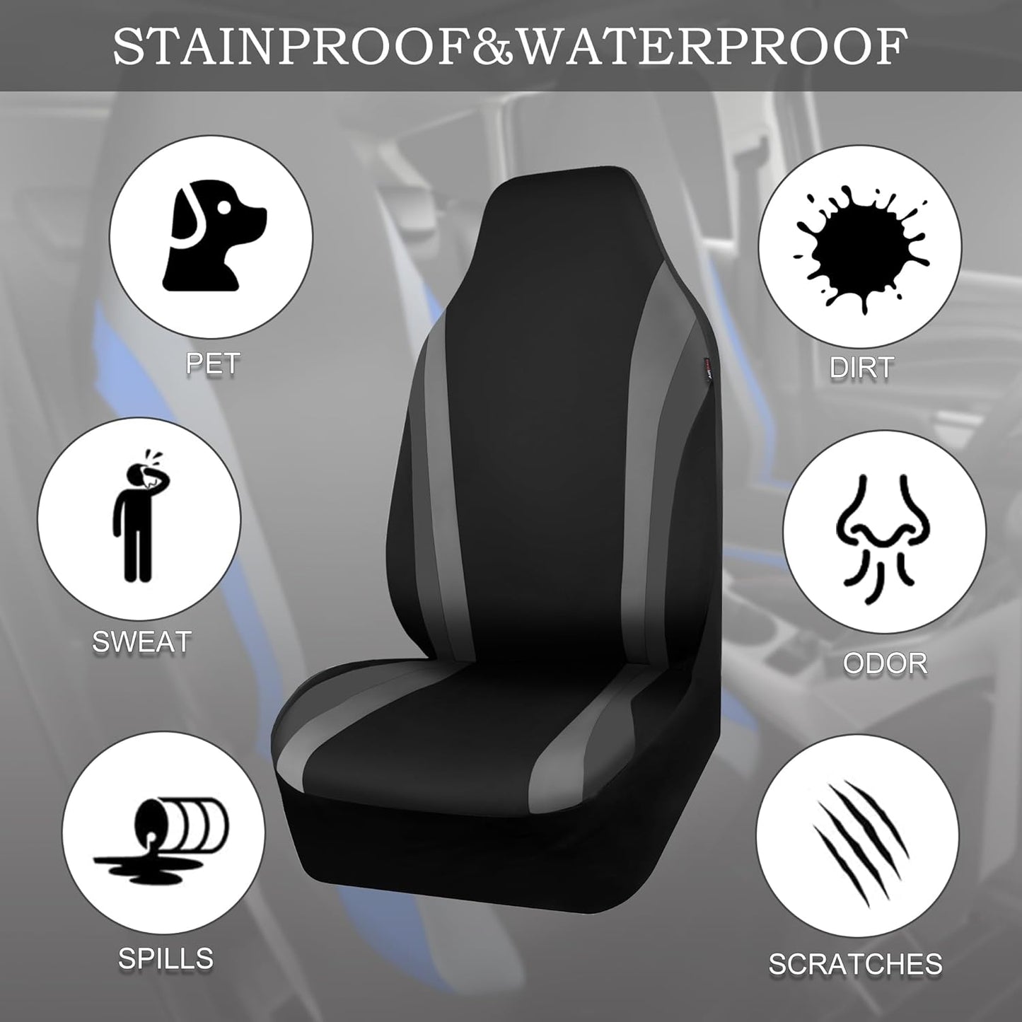 ® Aquashield Neoprene Waterproof Car Seat Covers for Front Seats Only, High Back Bucket Seat Cover,Airbag Compatible, Line Rider Seat Covers Universal Fit for Auto Truck Van SUV (Black Gray)