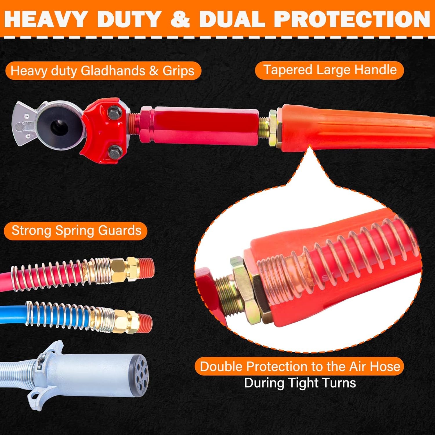 15Ft 3 in 1 ABS & Power Air Line Hose Wrap with Glad Hands Tender Spring Kit and Gladhand Extension Handles 7-Way Electrical Cable Air Lines for Tractor Trailer Semi Truck