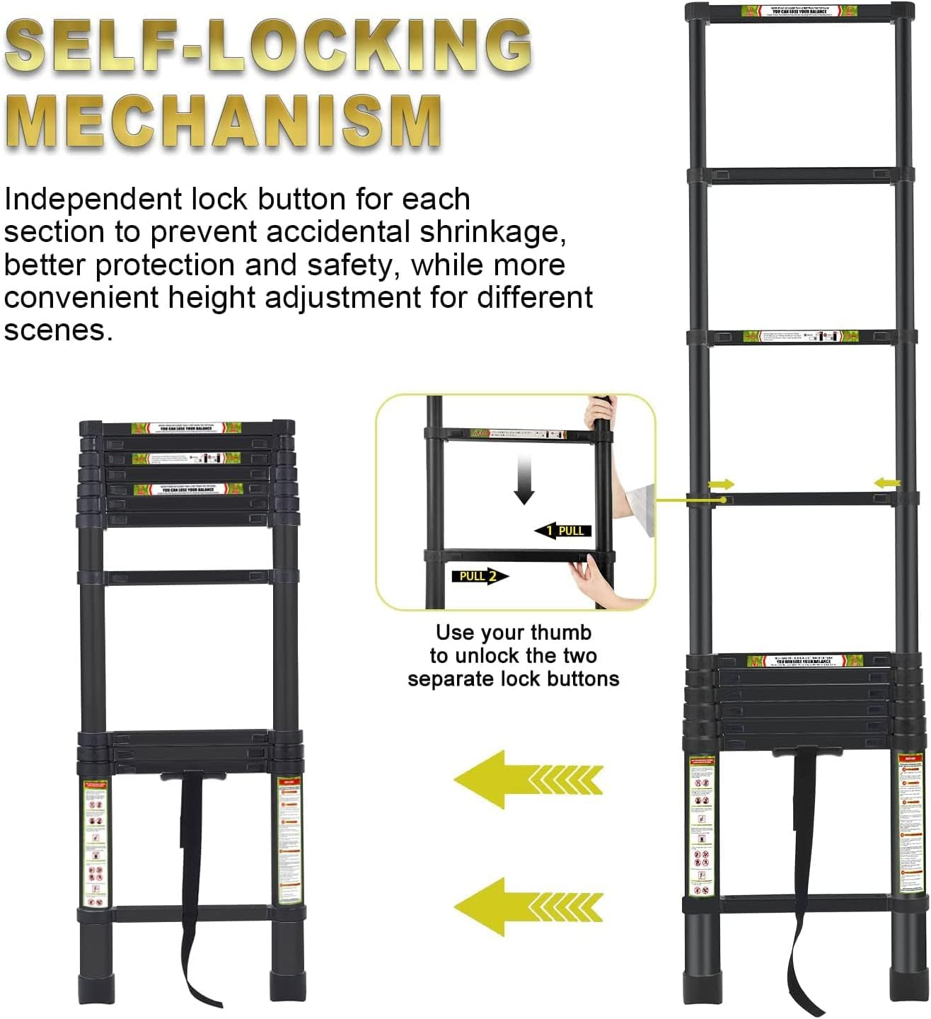 Telescopic Ladder, 6.5FT  Aluminum Telescoping Ladder with Non-Slip Feet, Portable Extension Ladder for Household and Outdoor Working, 330Lb Capacity