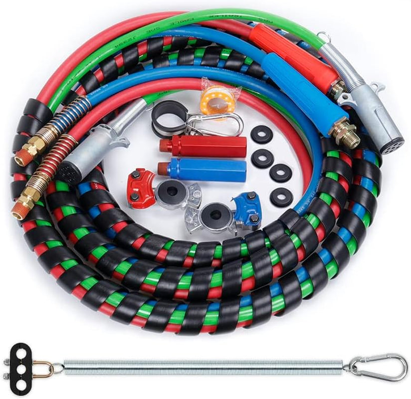 15Ft 3 in 1 ABS & Power Air Line Hose Wrap with Glad Hands Tender Spring Kit and Gladhand Extension Handles 7-Way Electrical Cable Air Lines for Tractor Trailer Semi Truck