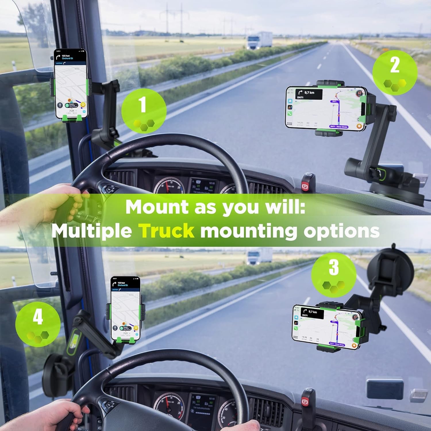 Truck Phone Holder Mount Heavy Duty Cell Phone Holder for Truck Dashboard Windshield 16.9 Inch Long Arm, Super Suction Cup & Stable, Compatible with Iphone & Samsung, Green, Commercial Truck